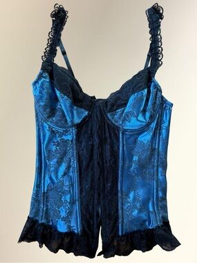 Shirley of Hollywood Blue Chemise Corset Top with Black Lace Trim
